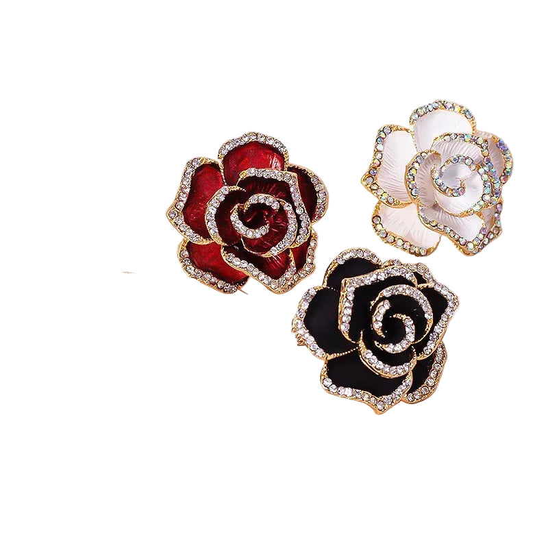 3pcs Rose Flower Brooch Set Red White Black Enamel Rhinestone Crystal Jewelry