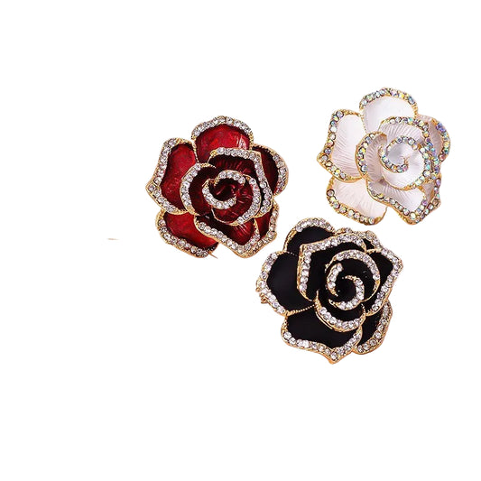 3pcs Rose Flower Brooch Set Red White Black Enamel Rhinestone Crystal Jewelry