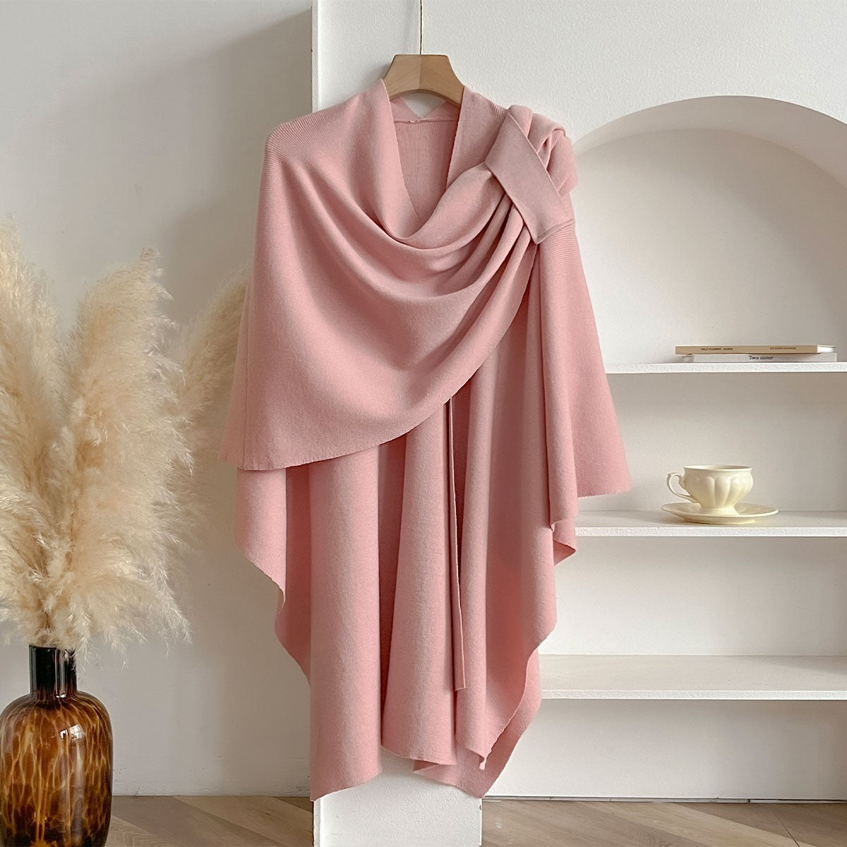Women's Knit Poncho Cape Wrap Shawl Cashmere Feel Pink  Open Front One Size