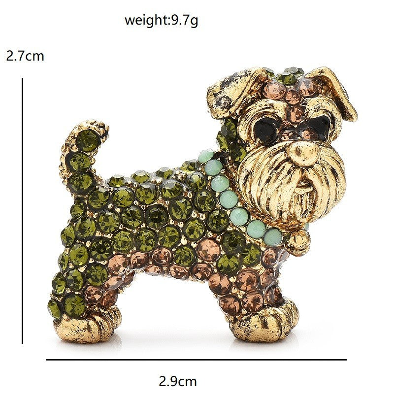 Vintage Style Schnauzer Dog Brooch Green Brown Rhinestone Figural Pin