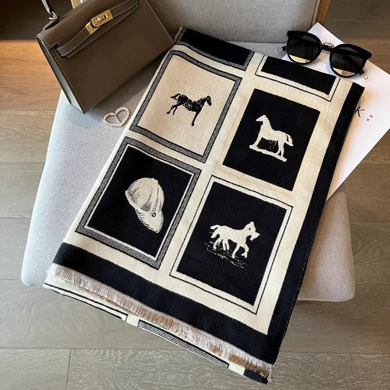 Black & Cream Equestrian Horse Print Woven Blanket Scarf Shawl Wrap Stole