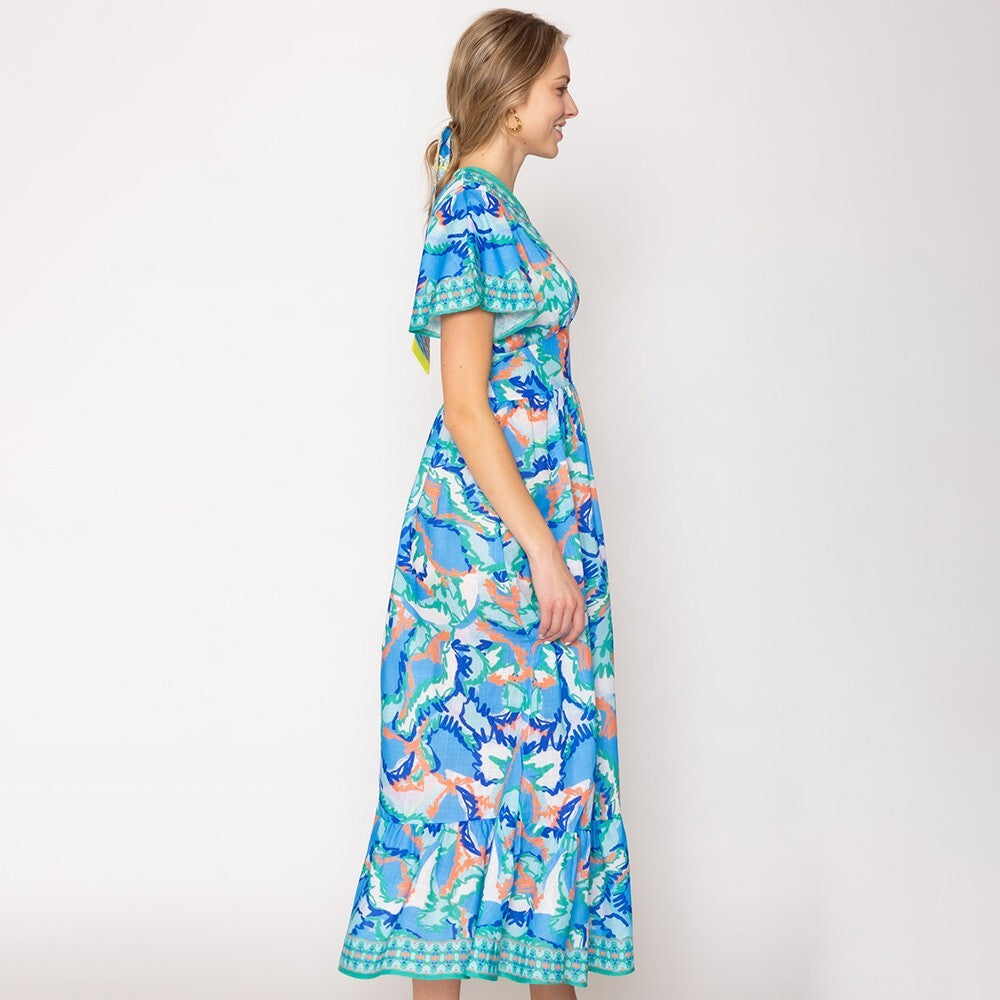 Painted Petals Goddess Maxi Dress Floral  Art V-Neck Sleeveless Dress Large