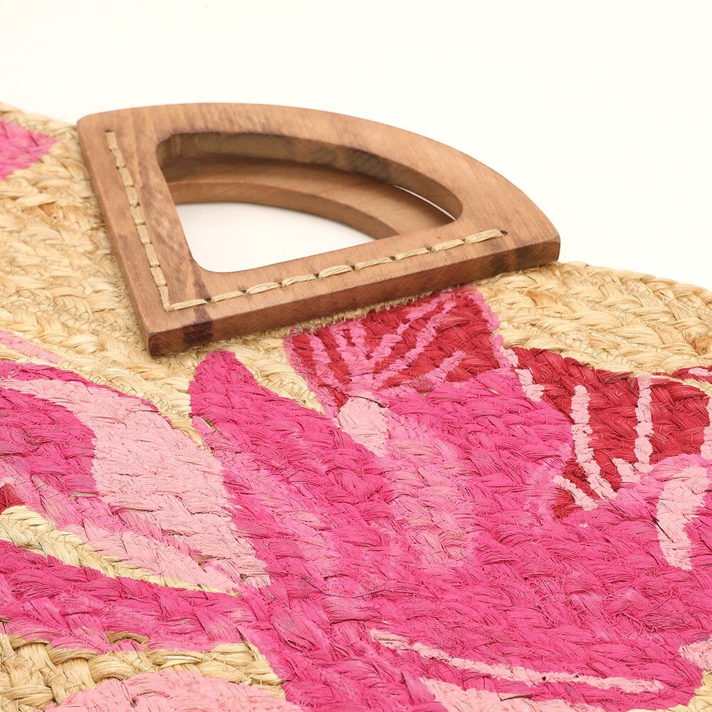 Floral Leaf Print Jute Tote Bag with Wooden Handles for Everyday Use