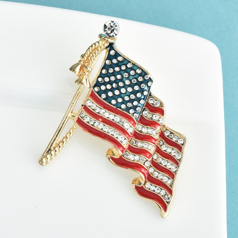 2pc American Flag Brooch Set Gold & Silver Rhinestone Patriotic USA Pin Jewelry
