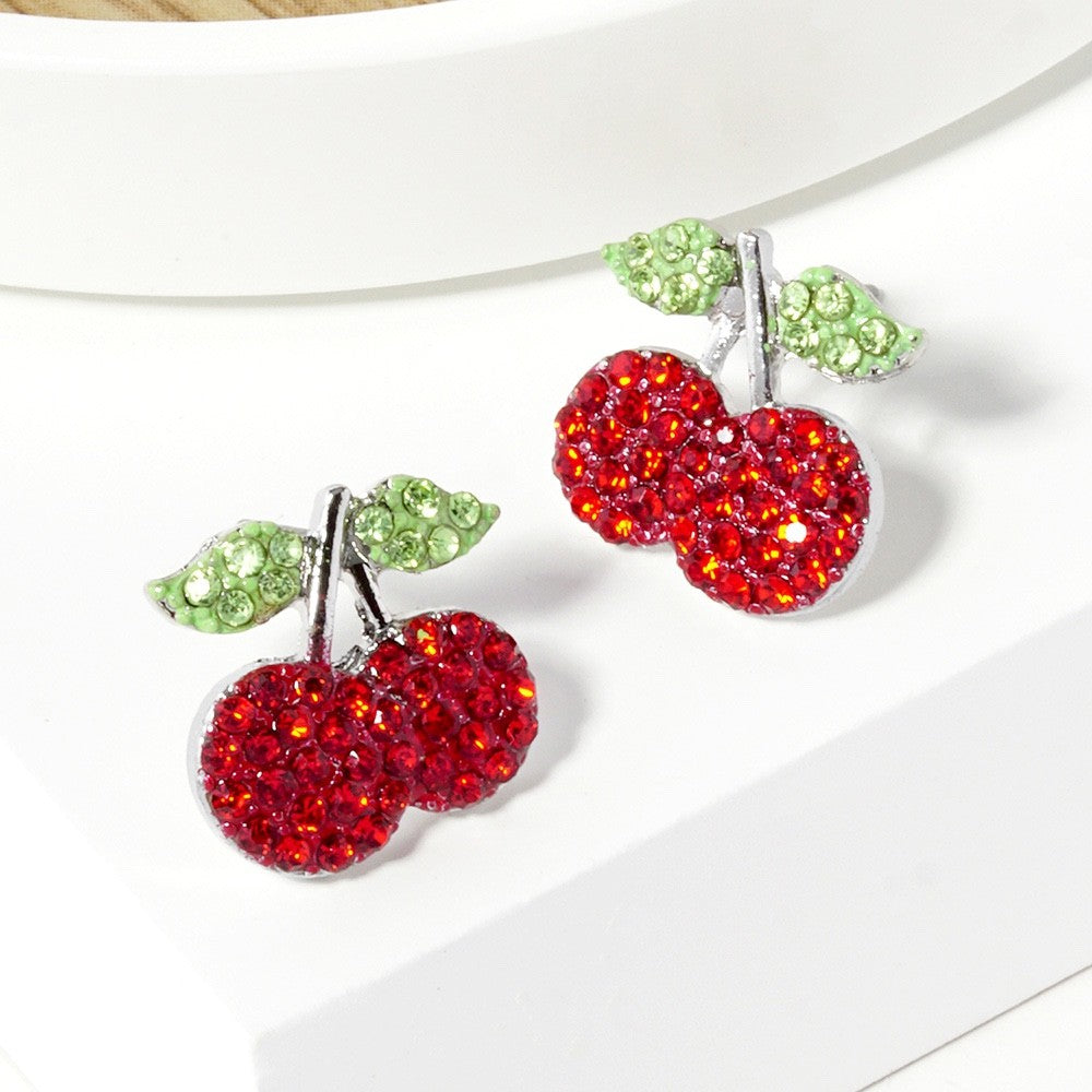 Red Cherry Rhinestone Stud Earrings Crystal Collection Fruit Jewelry