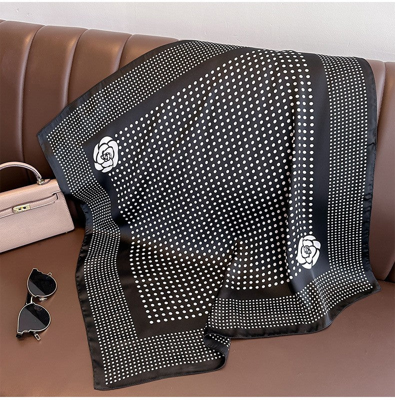 2-Pack Silk Feel Polka Dot Rose Print Scarf Black White Silky Fashion Wrap