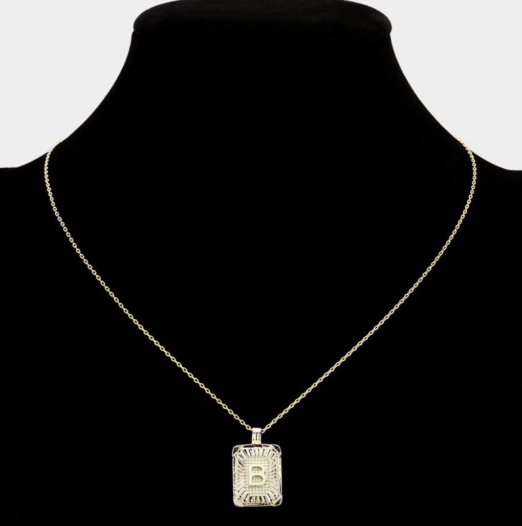 Gold Initial "B" Rectangular Sunburst Pendant Necklace - Brass Fashion Jewelry