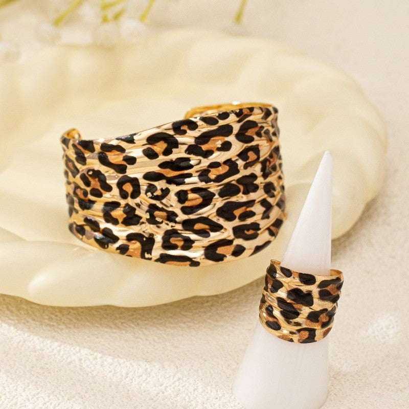 Gold Leopard Print Cuff Bracelet & Ring Set Boho Statement Jewelry