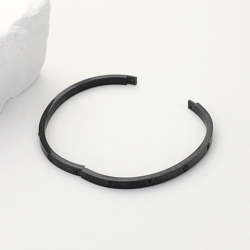 Black Stainless Steel Crystal Inlay Hinged Bangle - Sleek Modern Bangle