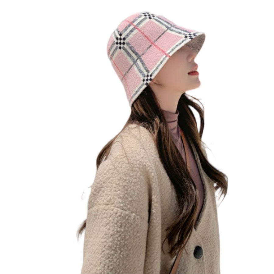 Wool Blend Plaid Bucket Hat Women's Winter Check Tartan Pink Fisherman Cap