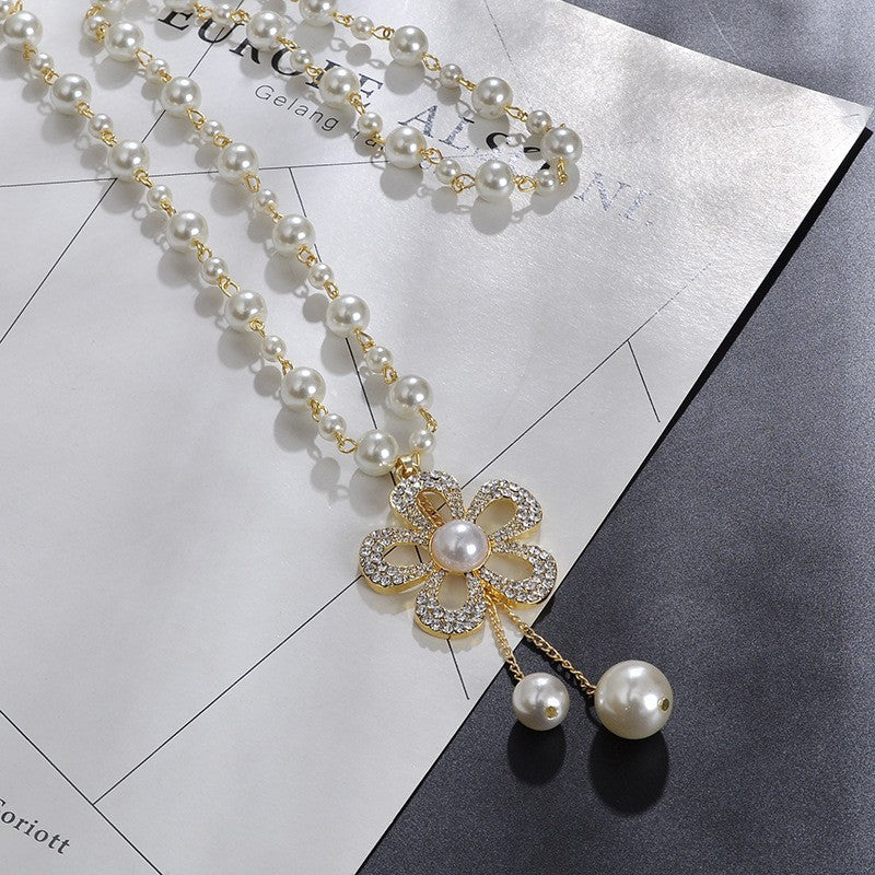Camellia Flower Pearl Sweater Necklace Long Chain Crystal Pendant Jewelry