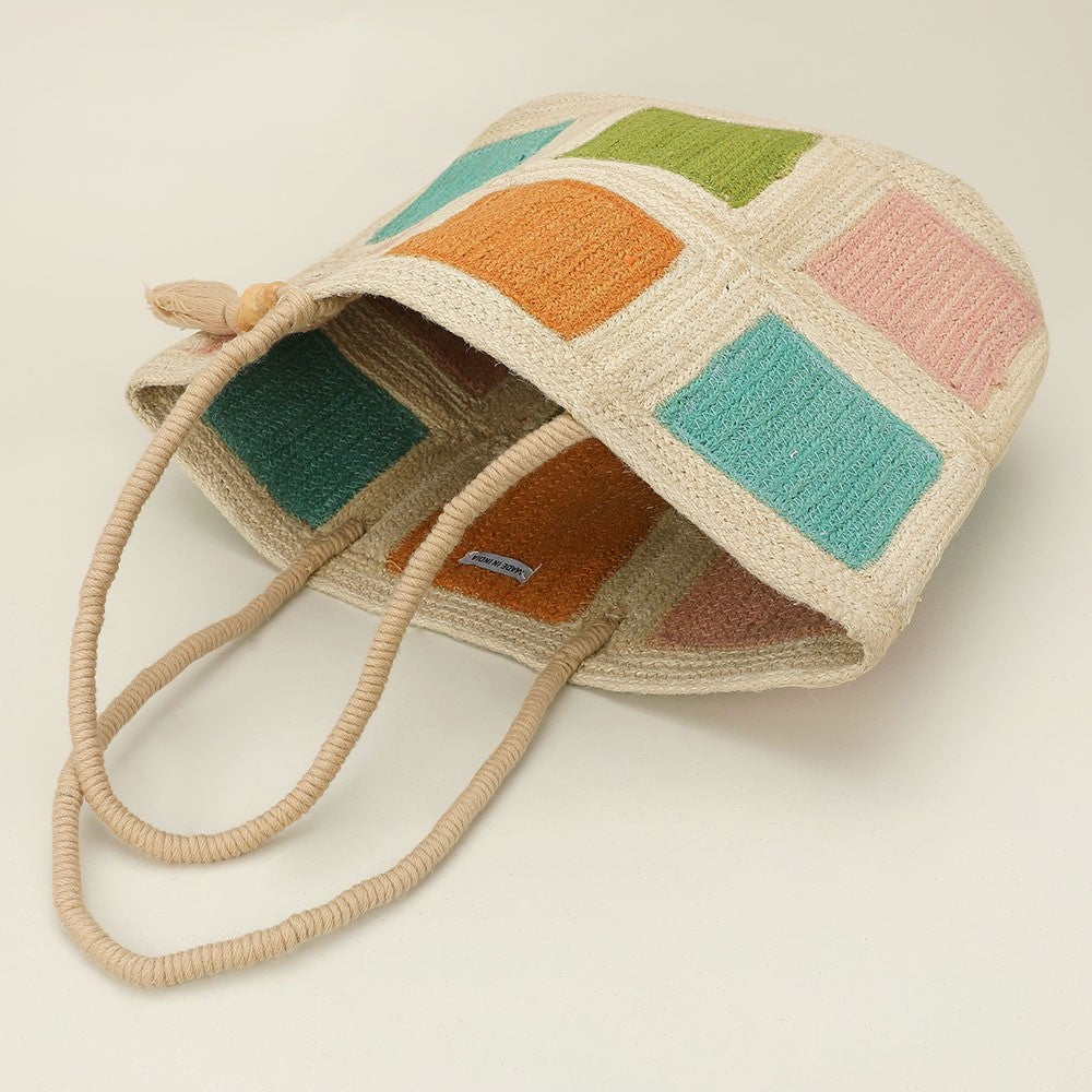 Colorful Block Woven Jute Tote Bag with Tassel Detail and Rope Top Handles