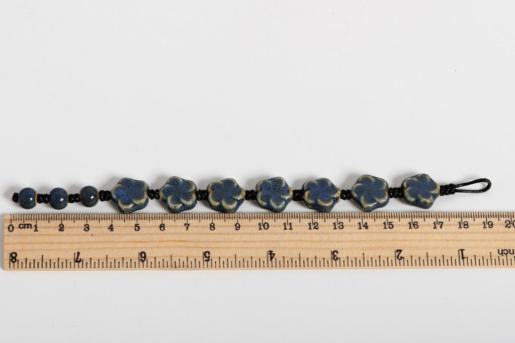 2Pc Handmade Ceramic Bracelet Set Glazed Pottery Pink & Blue Flower Bead Jewelry