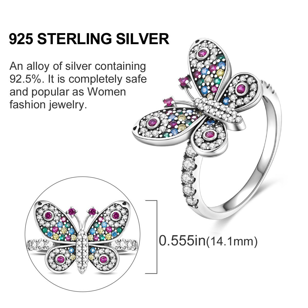 925 Sterling Silver Butterfly Ring with Colorful Gemstone and Zirconia for Women