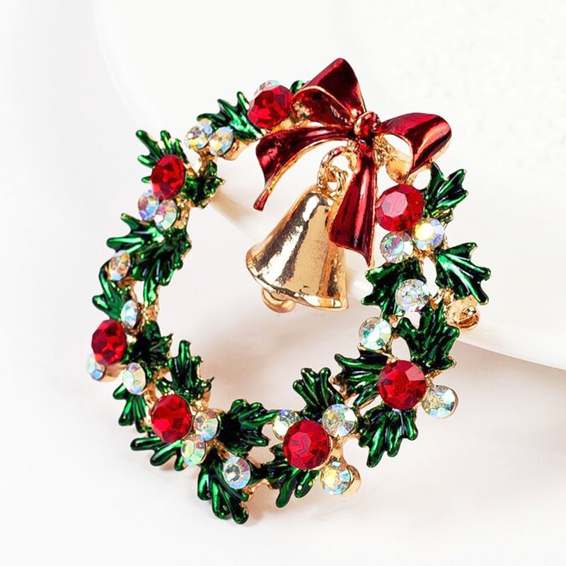 Vintage Christmas Wreath Brooch Red Bell Green Enamel Rhinestone Holiday Jewelry