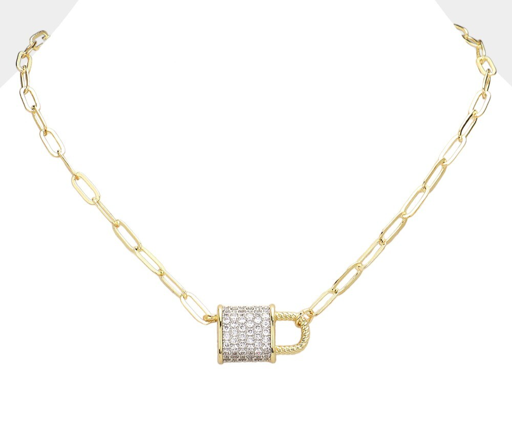 14K Gold Plated CZ Lock Pendant Necklace Dainty Everyday Chain Gift Jewelry