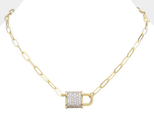 14K Gold Plated CZ Lock Pendant Necklace Dainty Everyday Chain Gift Jewelry