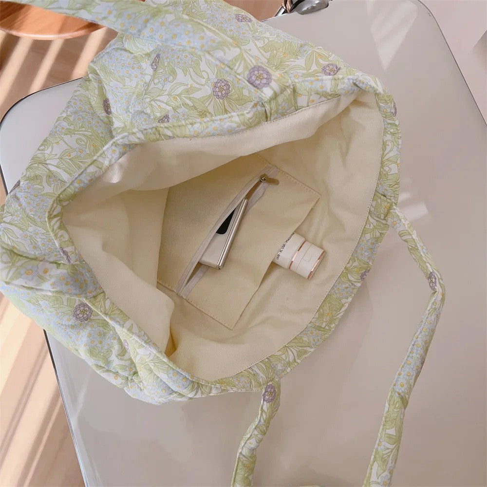 Cotton Floral Tote Bag Women Handbag Trendy Chic Quilted Padded Shoulder Bag