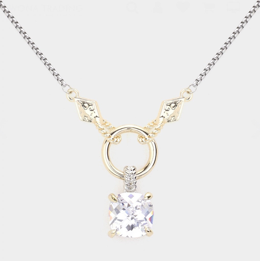 Two-Tone Cubic Zirconia Cushion Cut Pendant Mixed Metal Box Chain Necklace
