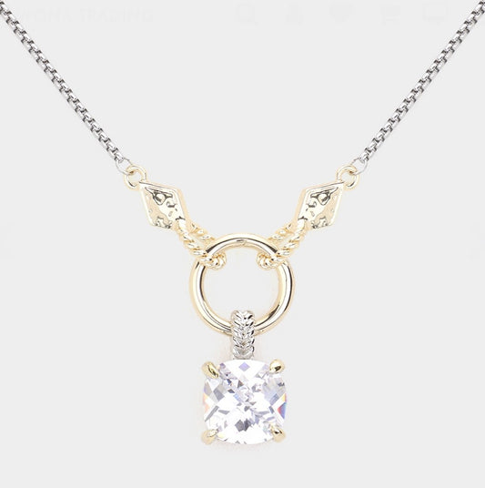 Two-Tone Cubic Zirconia Cushion Cut Pendant Mixed Metal Box Chain Necklace