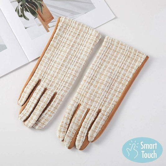 Women's Tan Tweed Smart Touch Winter Gloves Warm Elegant Texting Tech Mittens