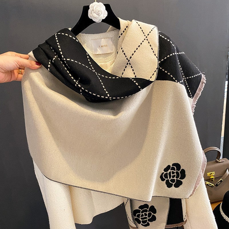 Women Camellia Flower Scarf Cashmere Feel Shawl Wrap Black Beige Grid Winter
