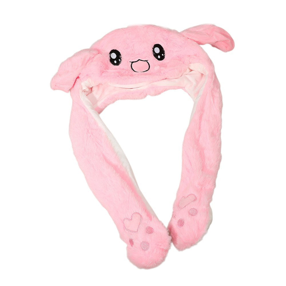 One Size Soft Plush Bunny Ear Flaps & Dangling Paws Winter Hat for Women Pink
