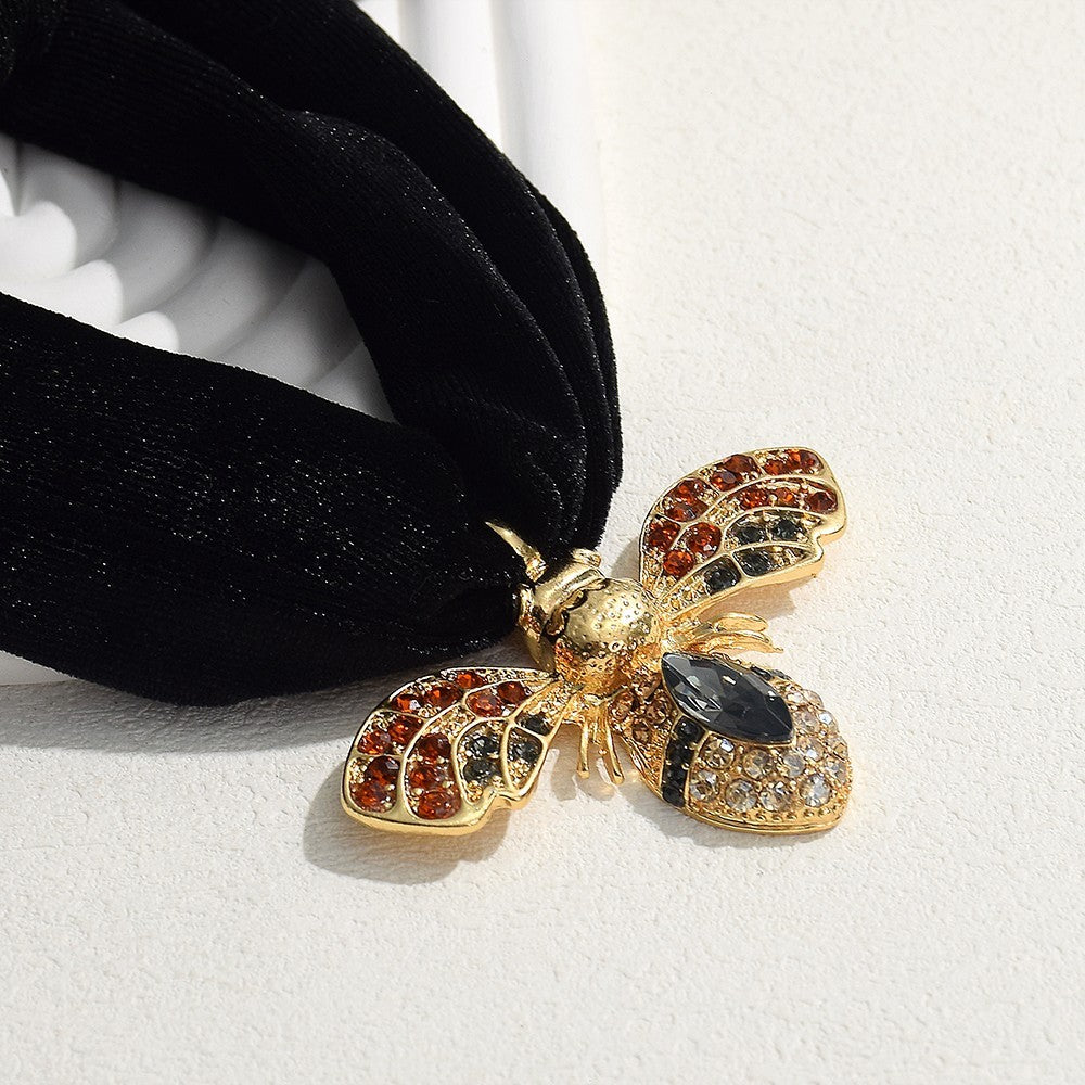 Statement Black Velvet Choker Necklace Bumble Bee Pendant Gold Rhinestone Scarf