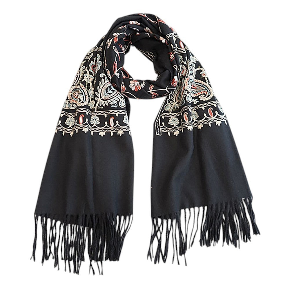 Black Floral Tassel Cashmere Feel Scarf Soft Lightweight Long Wrap for Women