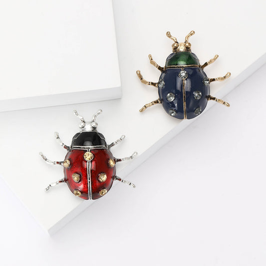 2pcs Red and Blue Enamel Ladybug Brooch Set Gold Tone Beetle Pin Charm Jewelry