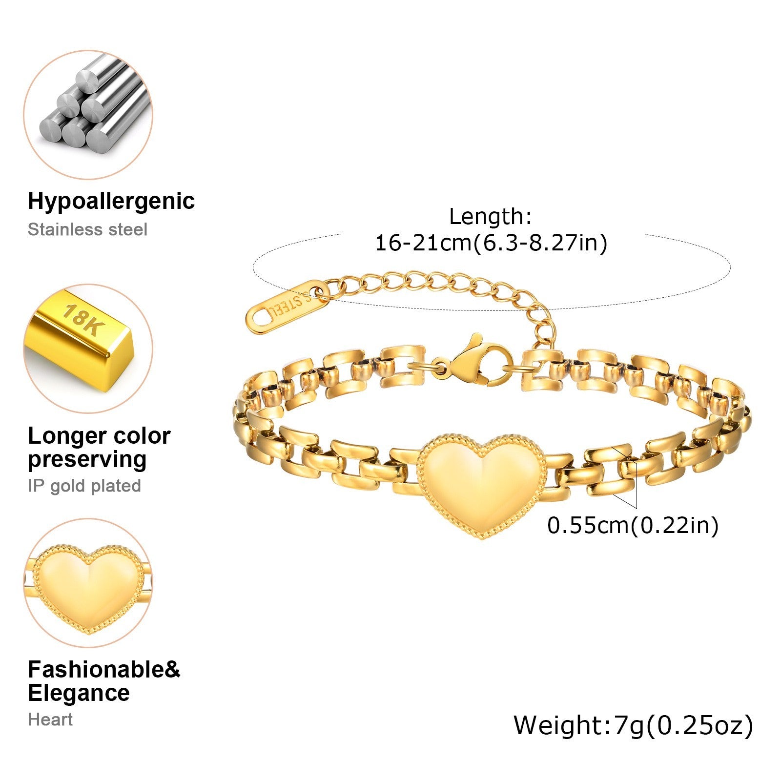 Gold Heart Chain Bracelet for Women  Stainless Steel Adjustable Link Jewelry