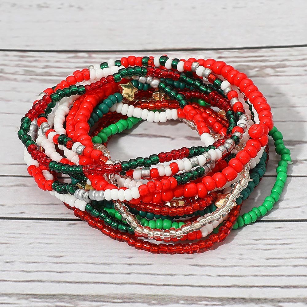 15Pc Christmas Seed Bead Bracelet Set Red Green White Stretch Holiday Stack Star