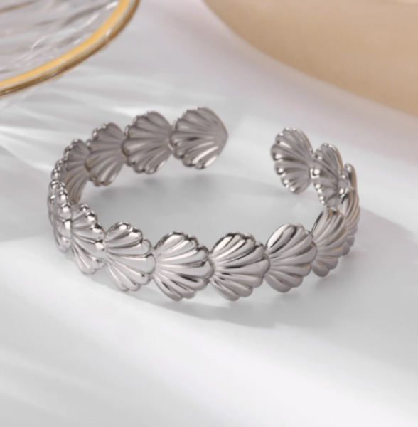 Silver Tone Stainless Steel Shell Cuff Bracelet for Women Beach Inspired Jewelry