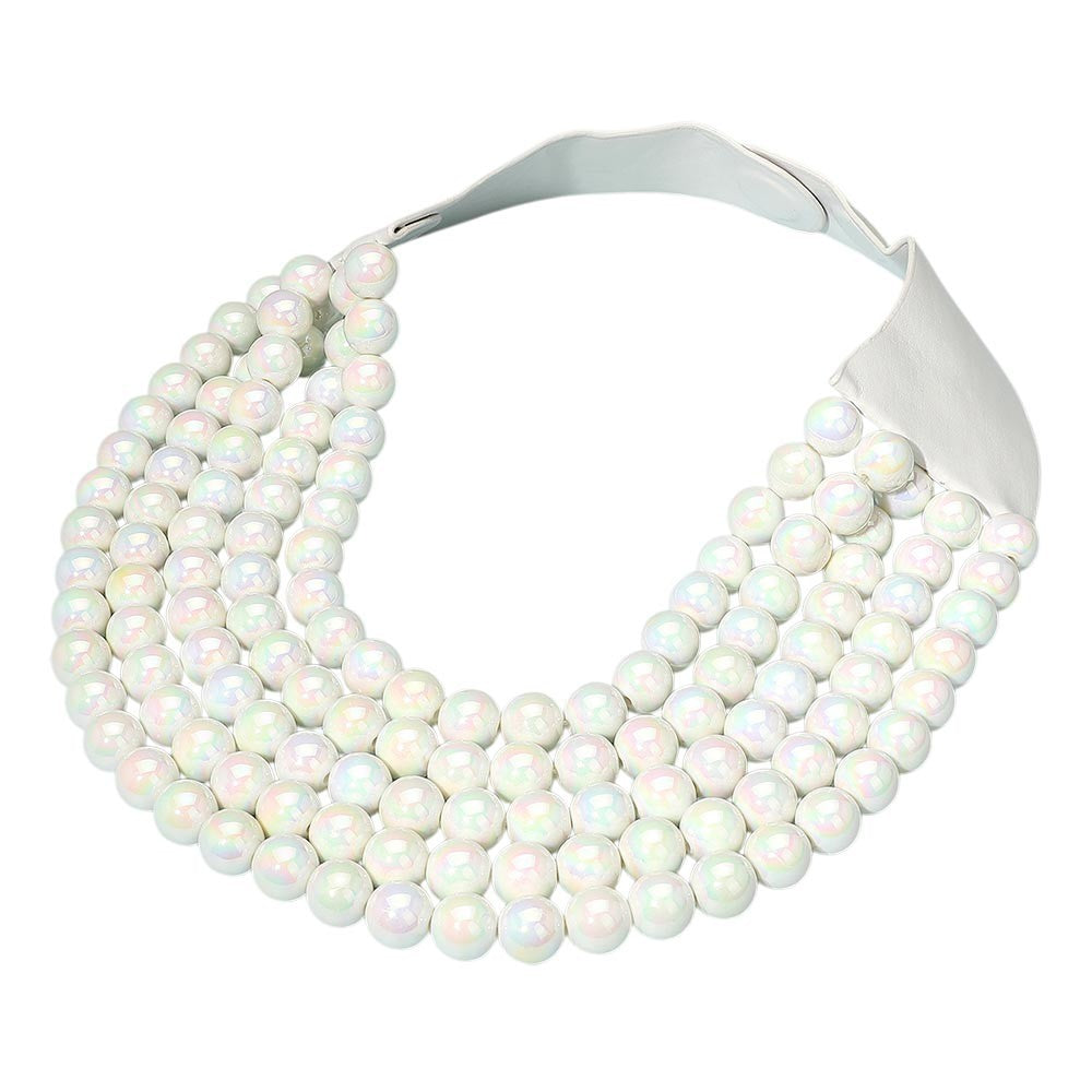 Multi-Strand White Beaded Statement Necklace Magnetic Clasp 17.5" Layered Bold
