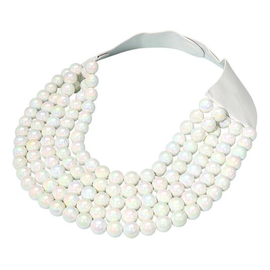 Multi-Strand White Beaded Statement Necklace Magnetic Clasp 17.5" Layered Bold