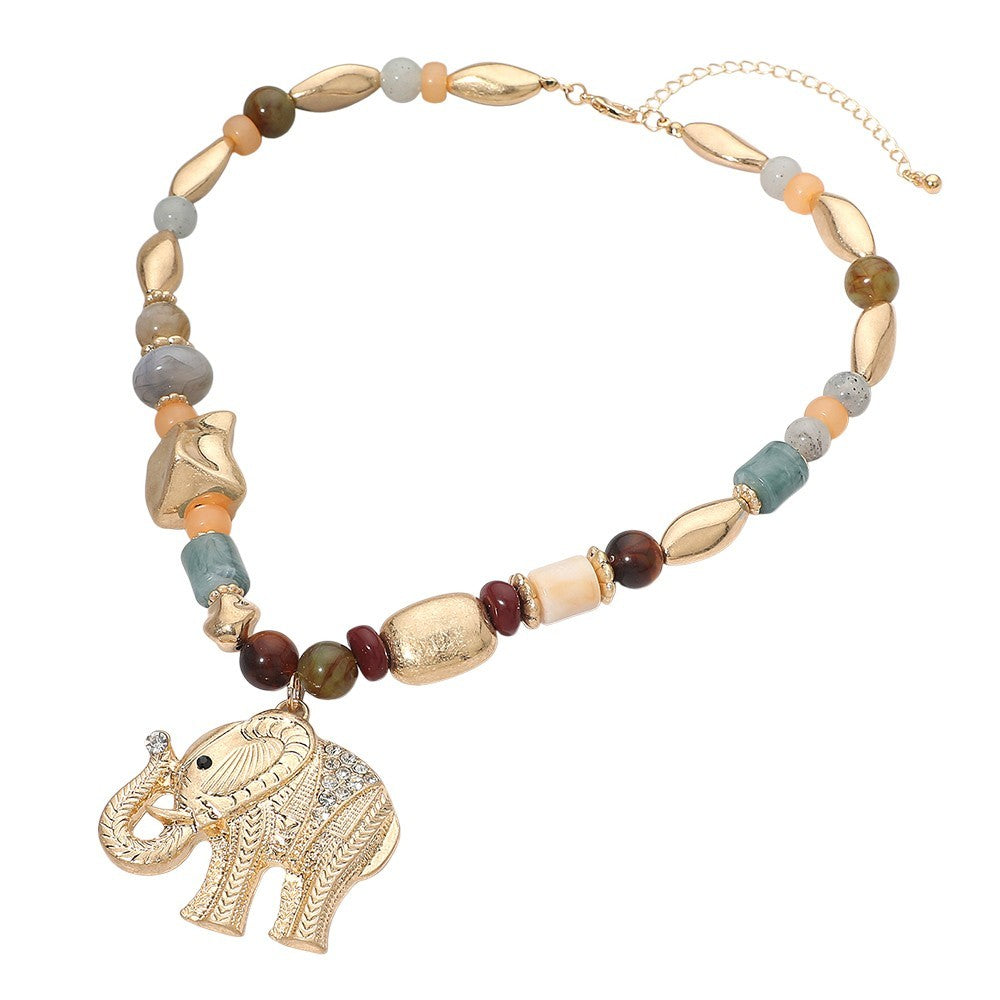 Bohemian Gold Tone Elephant Pendant Beaded Choker Necklace 16.25in