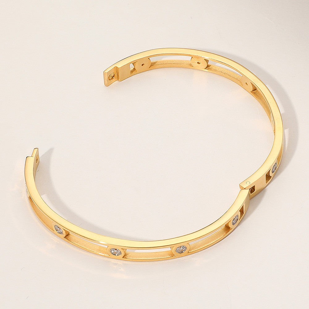 Gold Stainless Steel Bezel Stone Hinged Bangle Bracelet for Women Jewelry