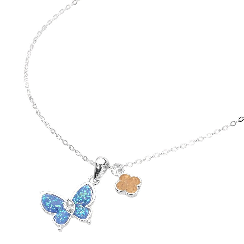 Blue Faux Opal Butterfly Clover Charm Pendant Necklace Silver Tone Jewelry New