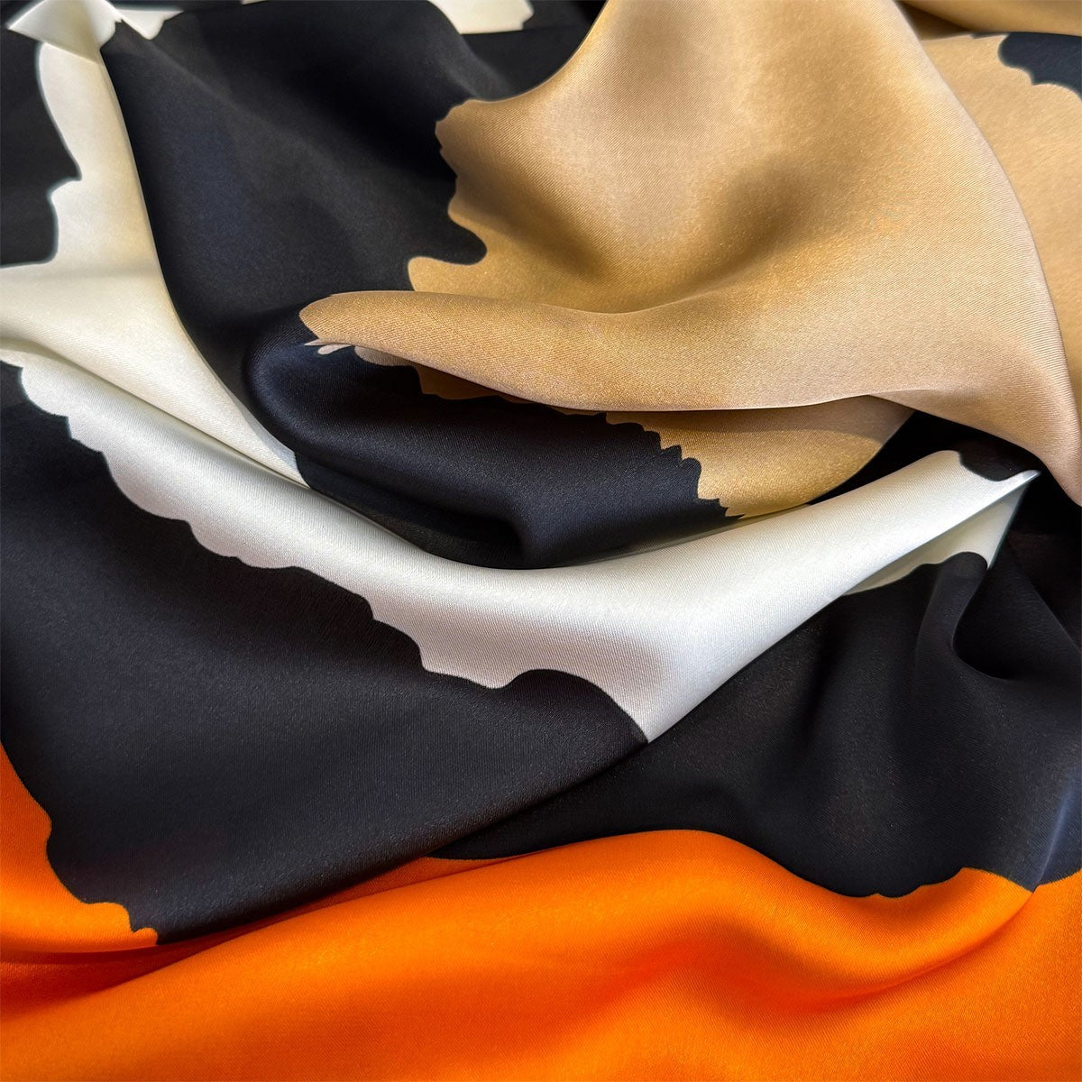 Oversized Silk Feel Scarf Abstract Block Wrap Orange Black Gold 71" x 35"