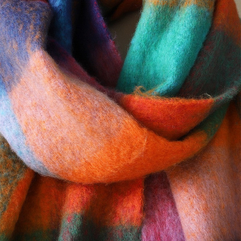 Vibrant Plaid Pom Pom Tassel Scarf Oversized Fuzzy Fluffy Shawl Wrap