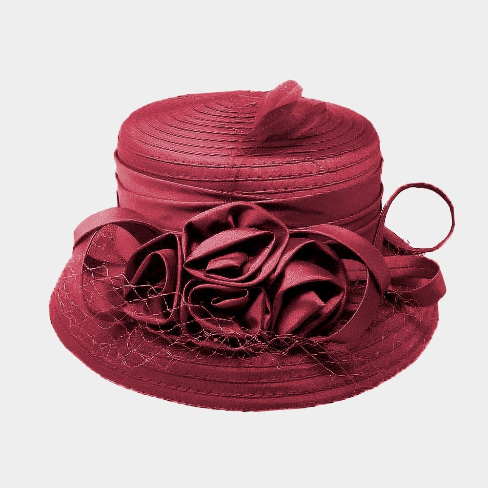 Ruffled Rose Accented Dressy Cloche Hat with Veil Netting for Women Burgundy