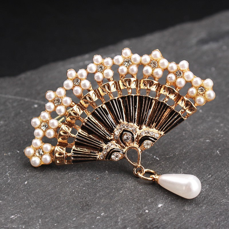 2pcs Folding Fan Brooch Pin Pearl Rhinestone Vintage Enamel Jewelry Set