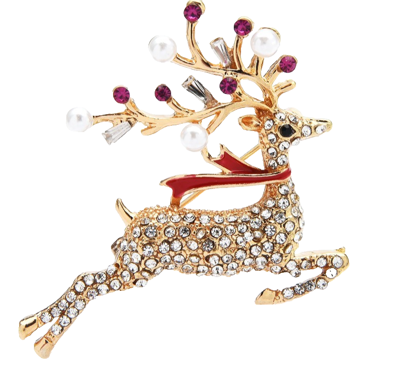Gold Tone Leaping Reindeer Christmas Brooch Pin Red Scarf Rhinestone Pearl