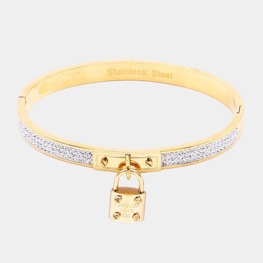 Women's FOREVER LOVE Metal Lock Charm Stainless Steel Evening Bracelet Gold Tone