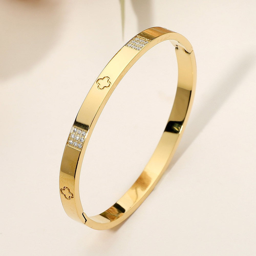 Gold Stainless Steel Hinged Bangle Bracelet Clover Cubic Zirconia Women