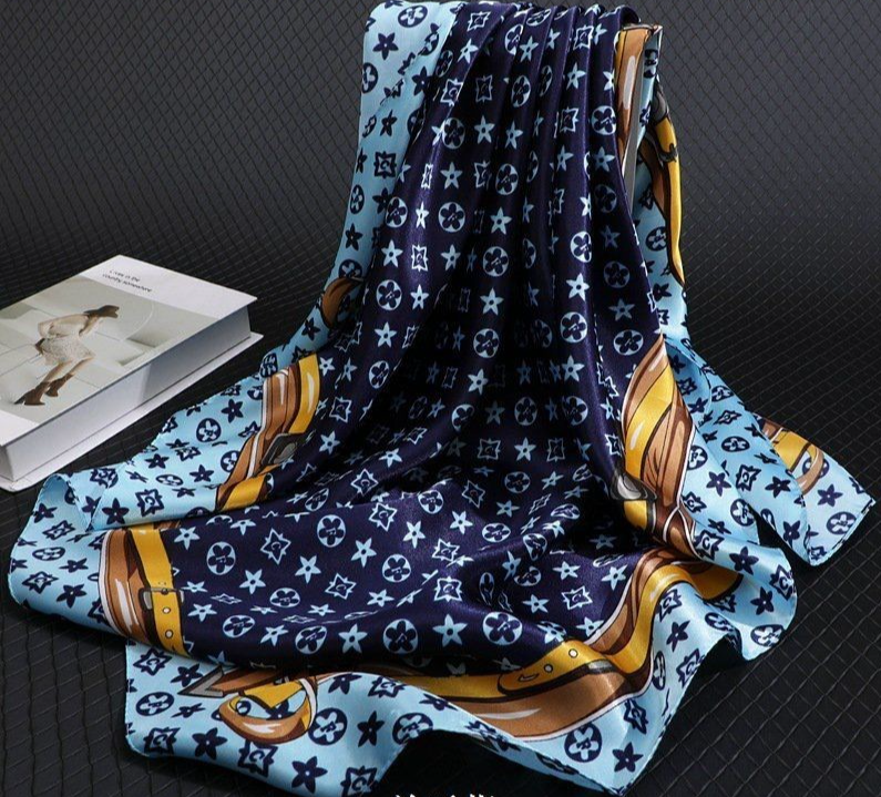 Silk Feel Scarf Dark Blue Light Blue Chain Belt Print Square Equestrian Style
