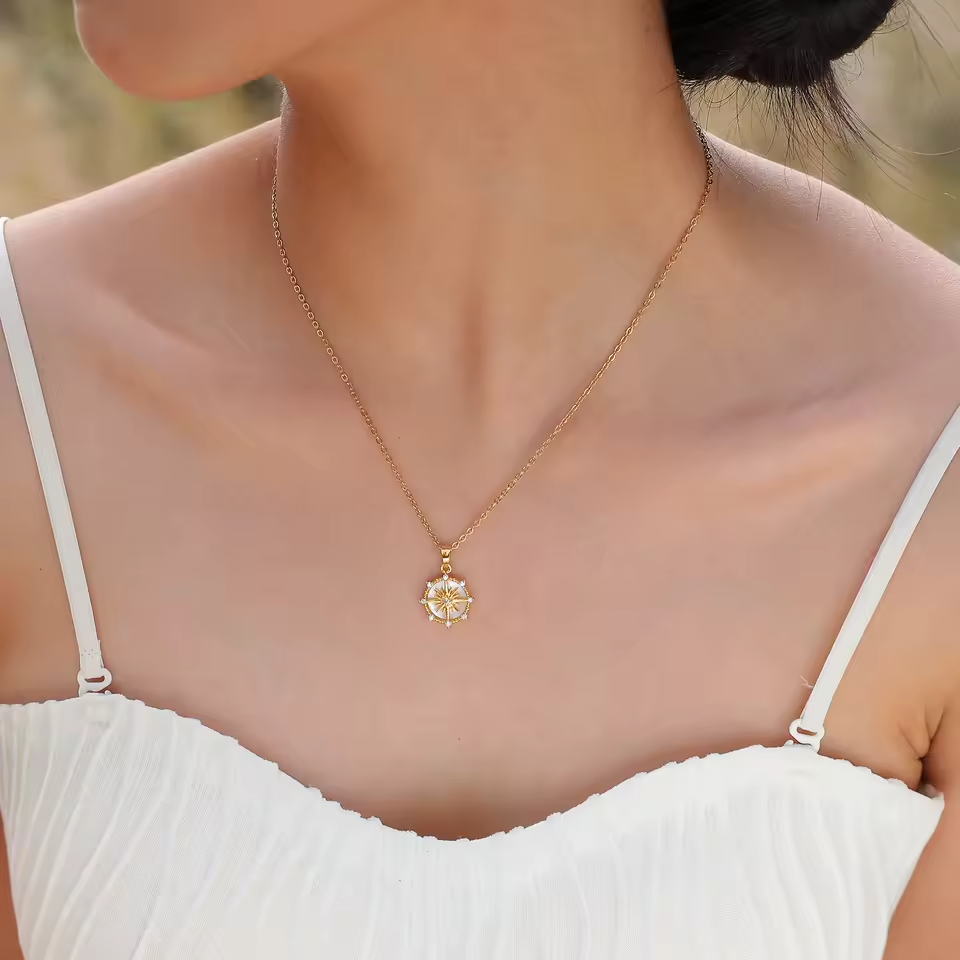 North Star Compass Pendant Necklace Gold Tone Cubic Zirconia Shell Inlay