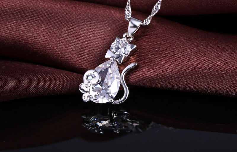 Sterling Silver Cat Necklace Earrings Set Cubic Zirconia Dainty Jewelry Gift
