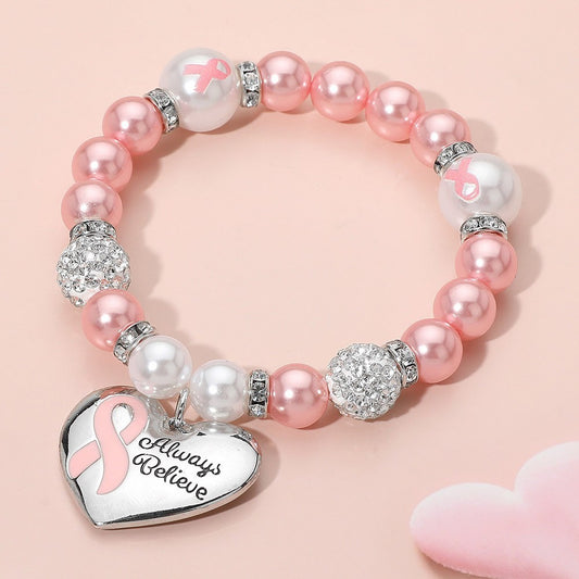 2PCS ALWAYS BELIEVE Pink Ribbon Heart Pearl Shamballa Beaded Bracelets