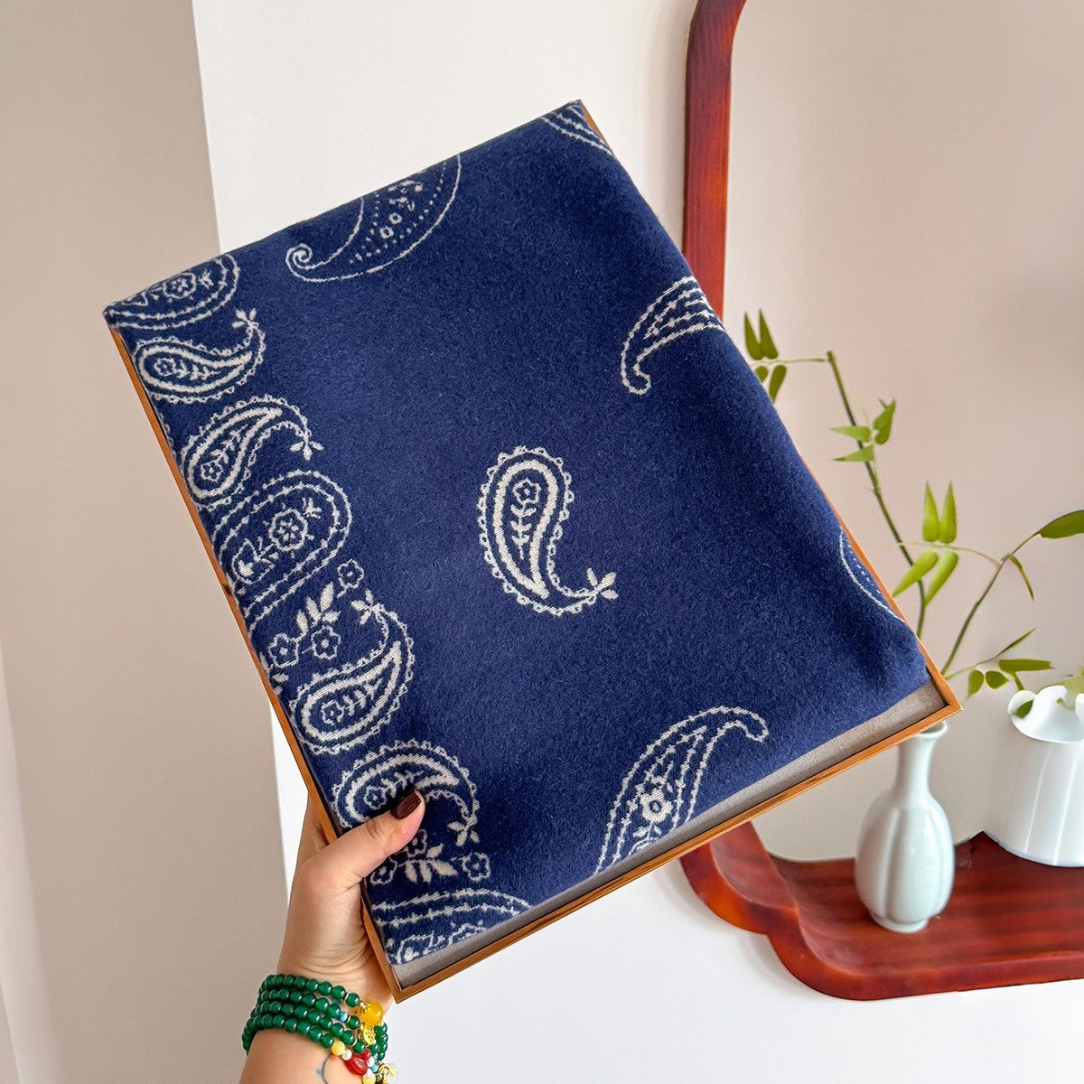 Reversible Blue Beige Paisley Cashmere Feel Scarf Shawl Wrap